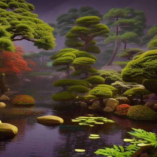 Detailed Japanese Garden Matte Painting in Deep Color