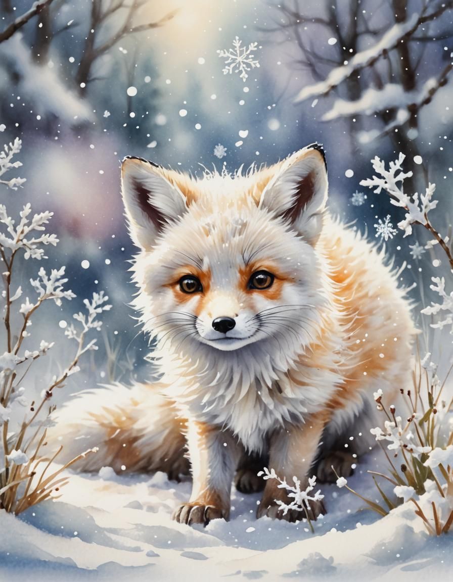 Whimsical Watercolor of White Fox Playing in Snow