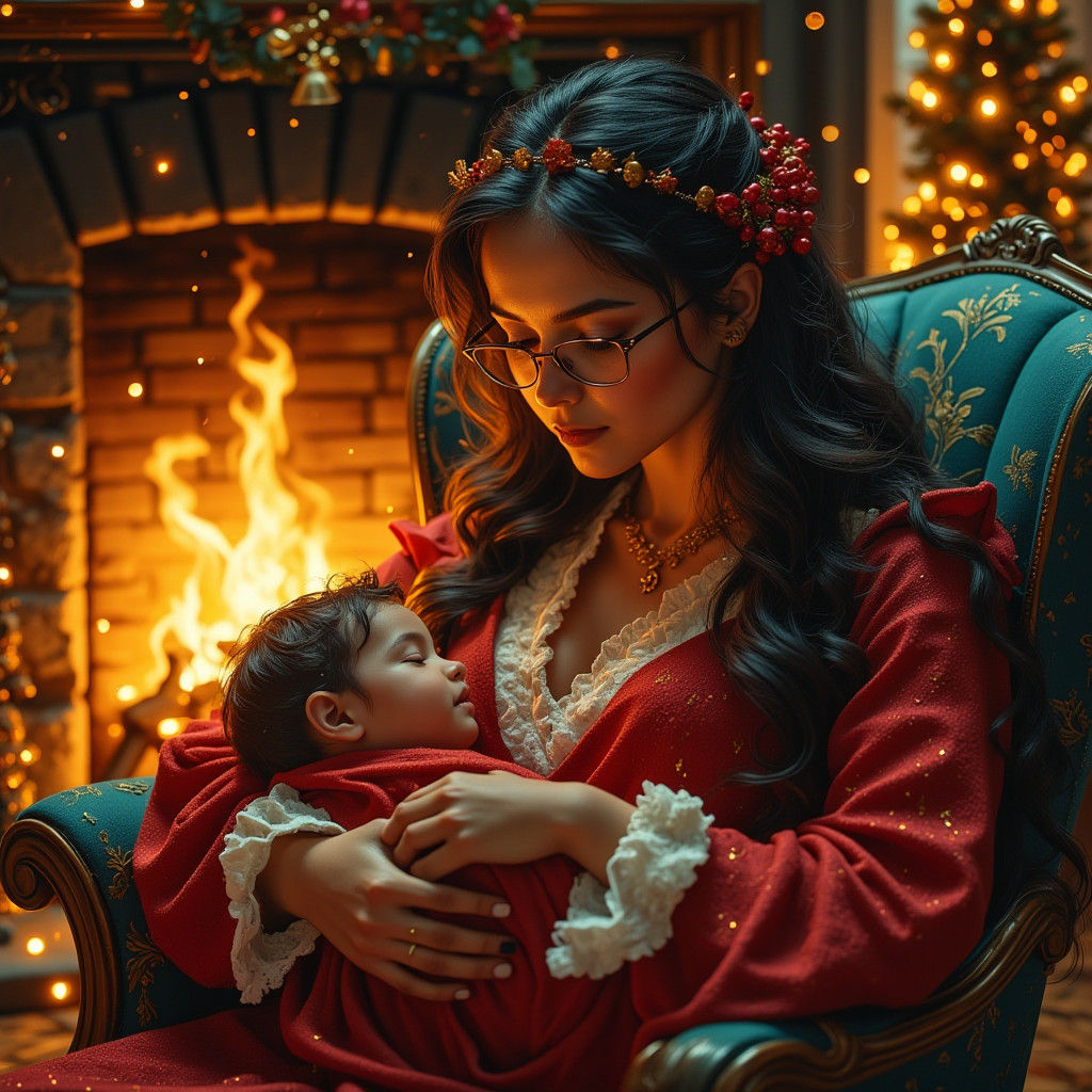 Mrs. Santa Cuddling Baby in Gingerbread House