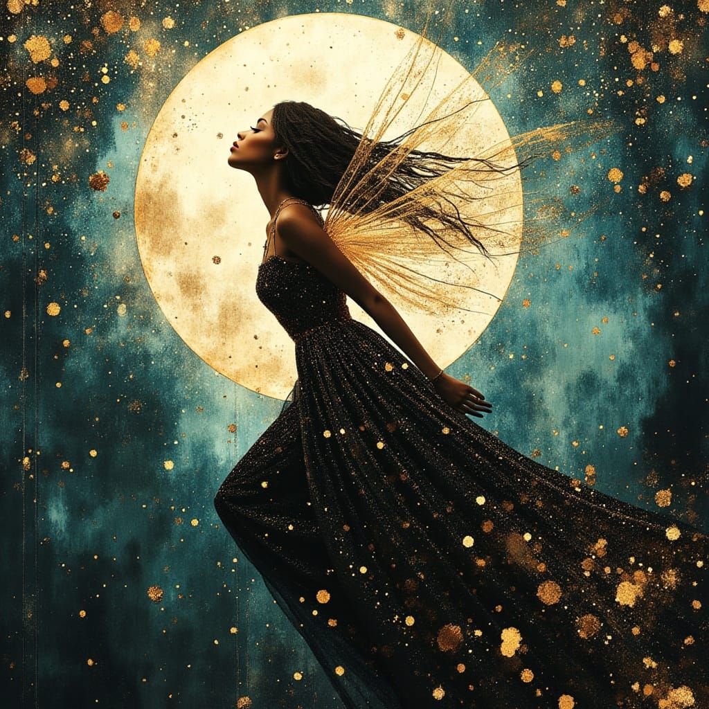 Black Fairy Goddess Flies Under Full Moon