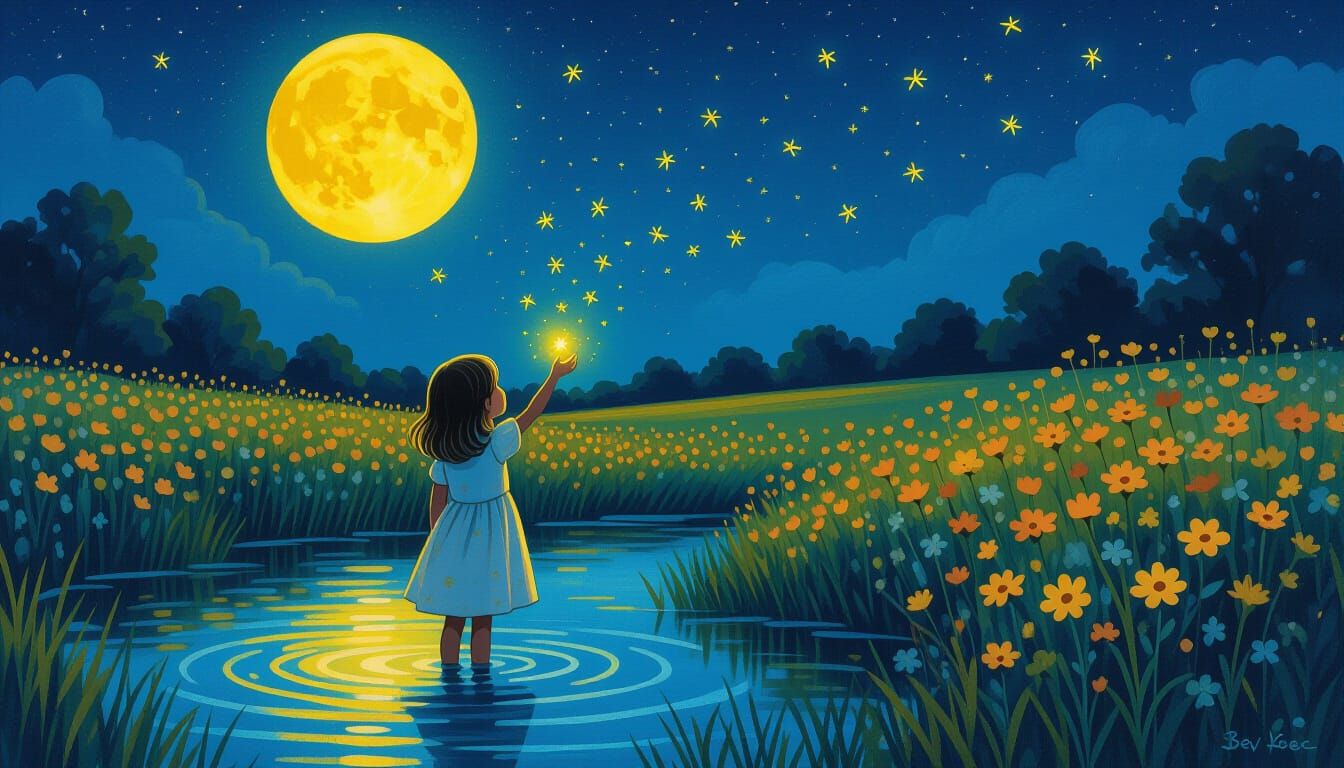 Girl with Fireflies in Moonlit River Garden