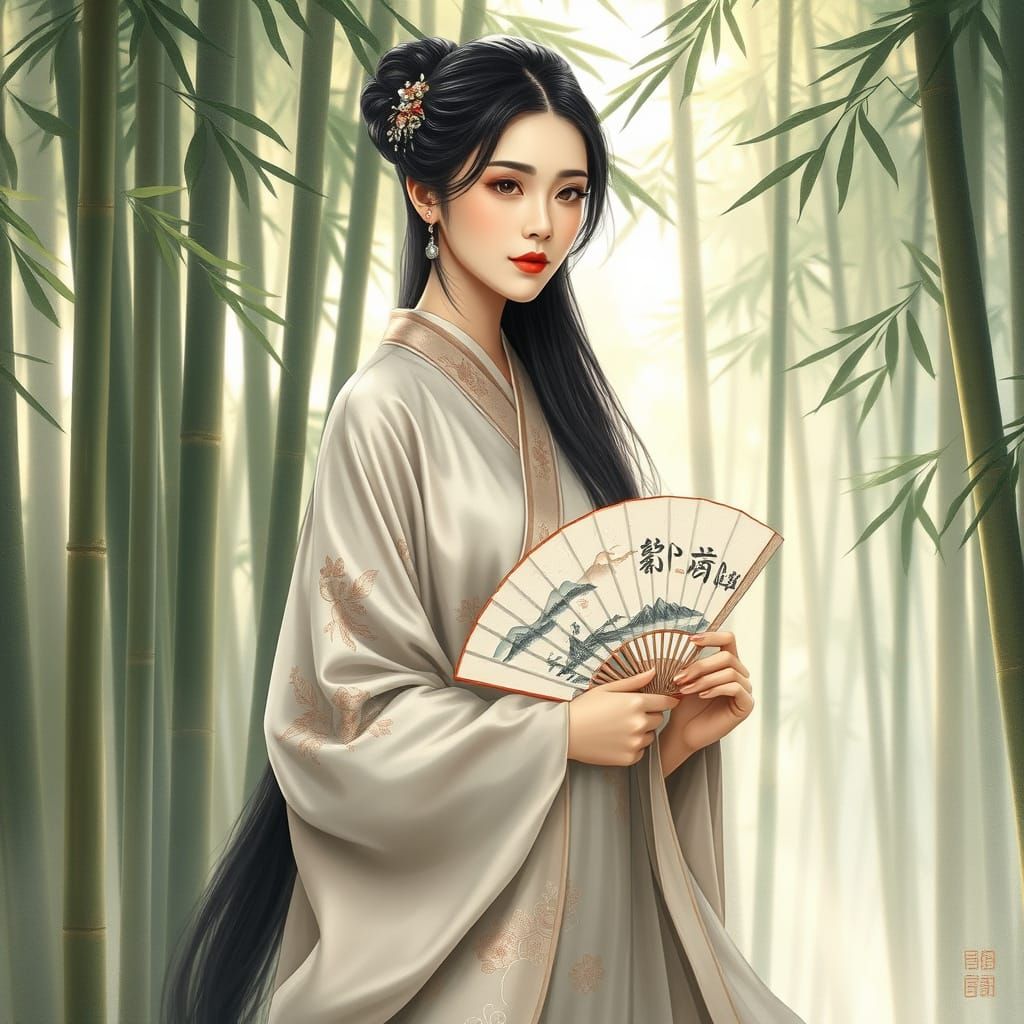 Asian Woman in Bamboo Forest, Classical Style
