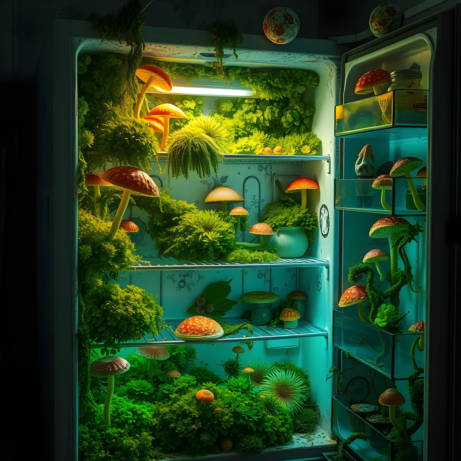 Bioluminescent Flora in Abandoned Refrigerator, Digital Art