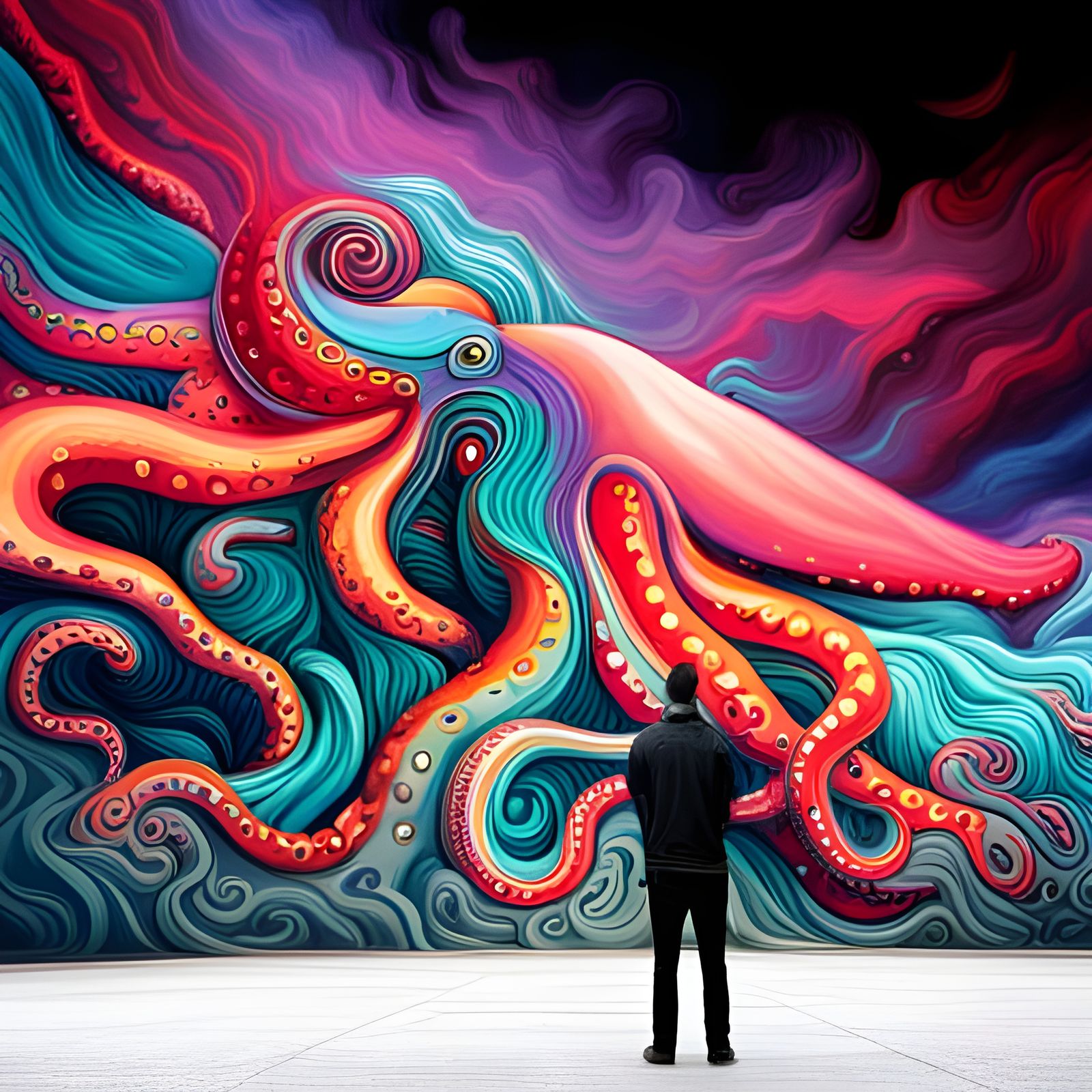 Mythical Octopus with Island in Graffiti Art Style