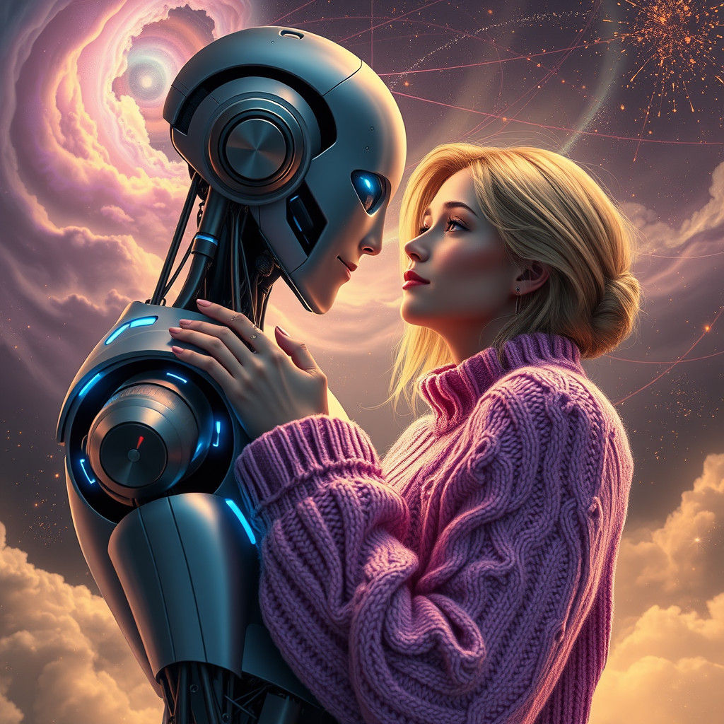 Robot Embraces Woman in Dreamlike Setting