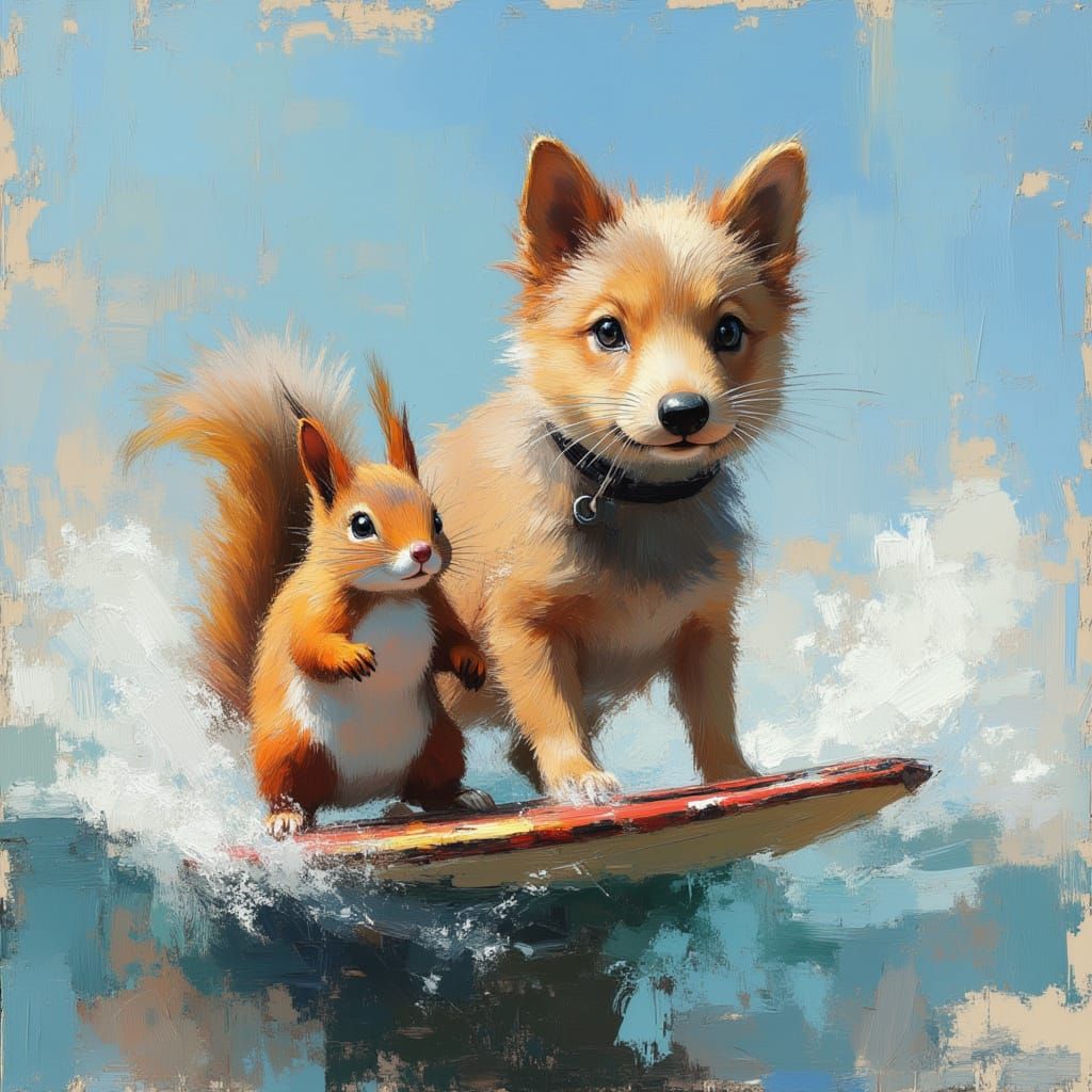Dog and Squirrel Surfing Together in Textured Style