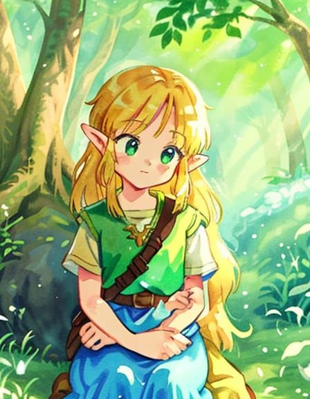 Romantic Zelda Couple Embrace in Watercolor Forest