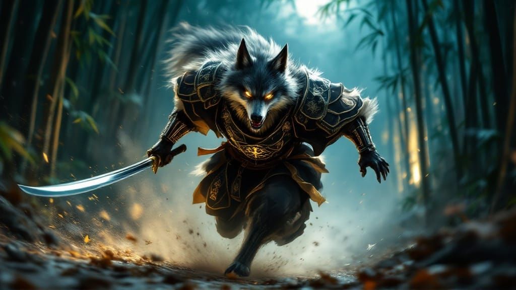 Wolf Samurai in Motion, Bamboo Forest at Dawn