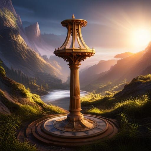 Ancient Sundial in Forest at Dawn: Fantasy Concept Art