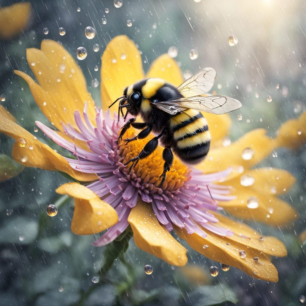 Kawaii Bee Under Rainy Aster Flower Umbrella in Whimsical Ga...