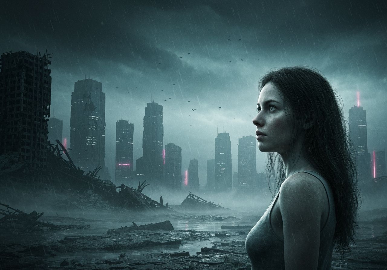 Resilient Woman in Desolate Cityscape