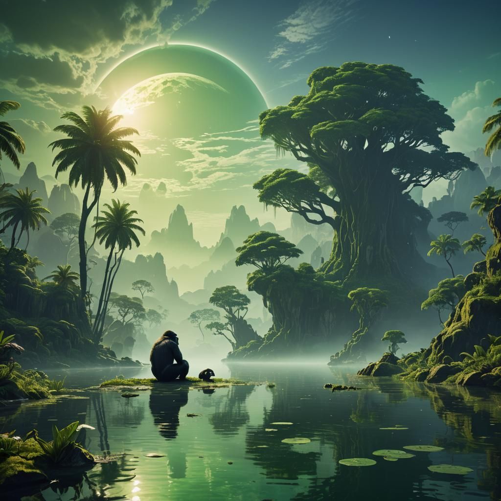 Ape Contemplates Existence on Exotic Planet