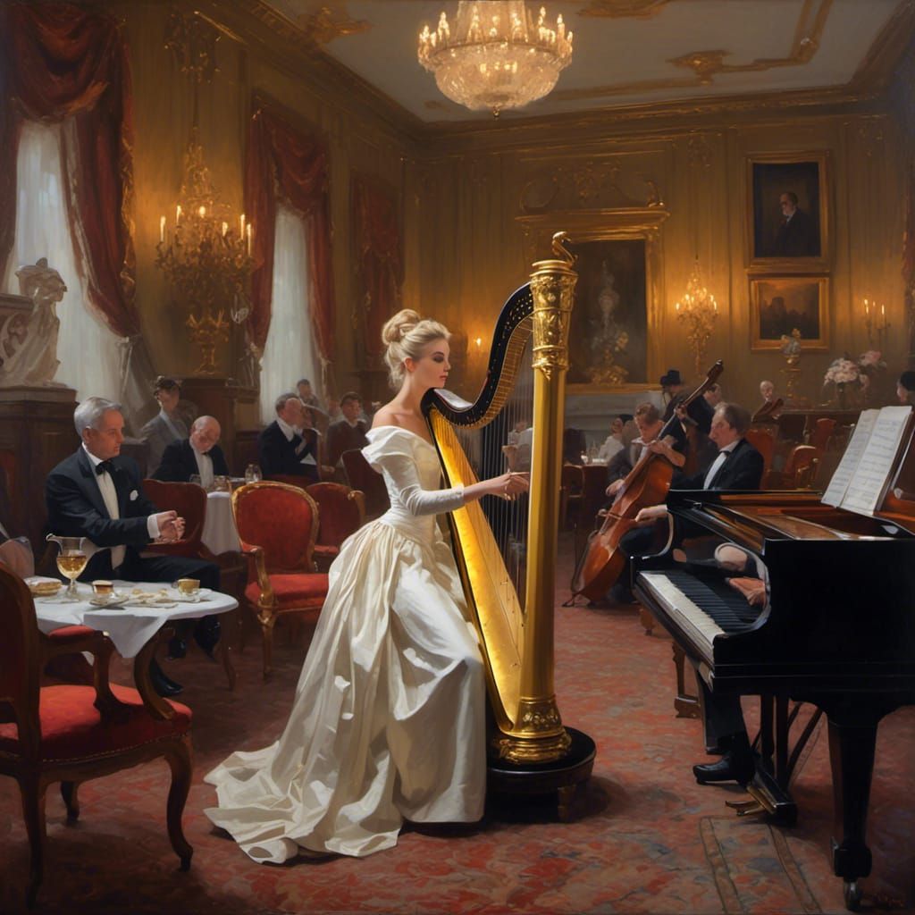 Victorian Harpist in Cozy Library: Oil Painting