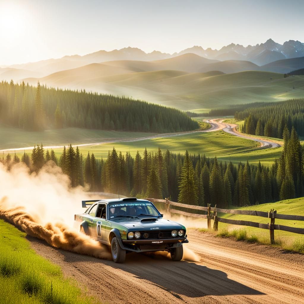 Rally Car Races Through Picturesque Landscape