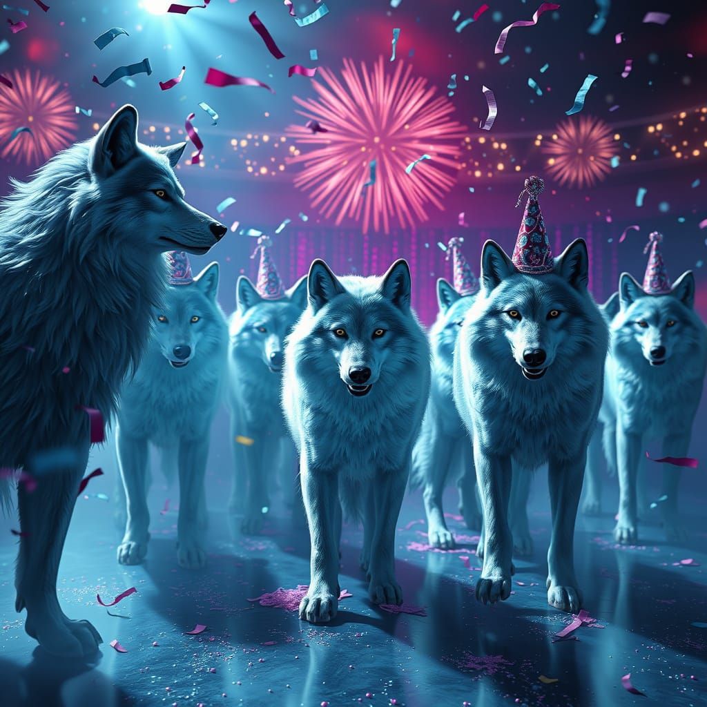 Majestic Wolves Celebrate New Year in Surreal Fantasy Scene