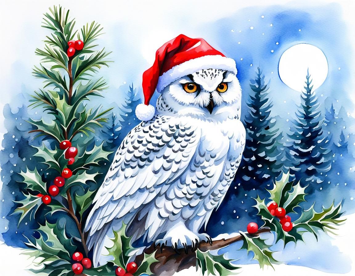 Festive Snowy Owl in Watercolor Style