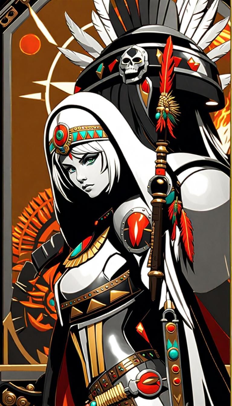 Aztec Warrior Woman with Flaming Sword in Cyberpunk Style