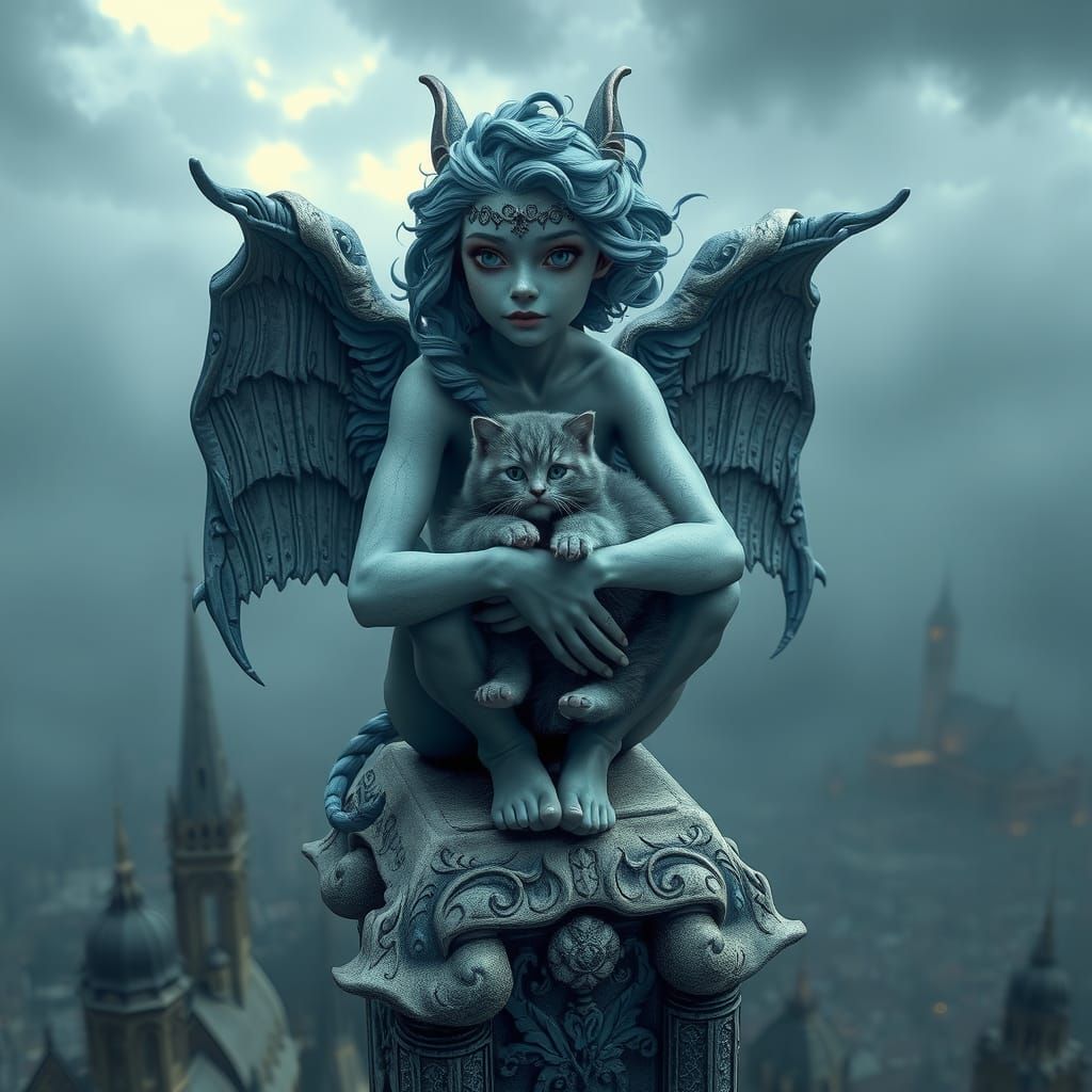 Gothic Gargoyle Cradling Kitten in Dark Cityscape