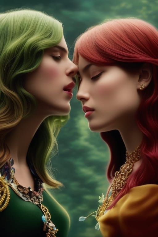 Beautiful Lesbian Queens Kissing in Hyperrealistic Style
