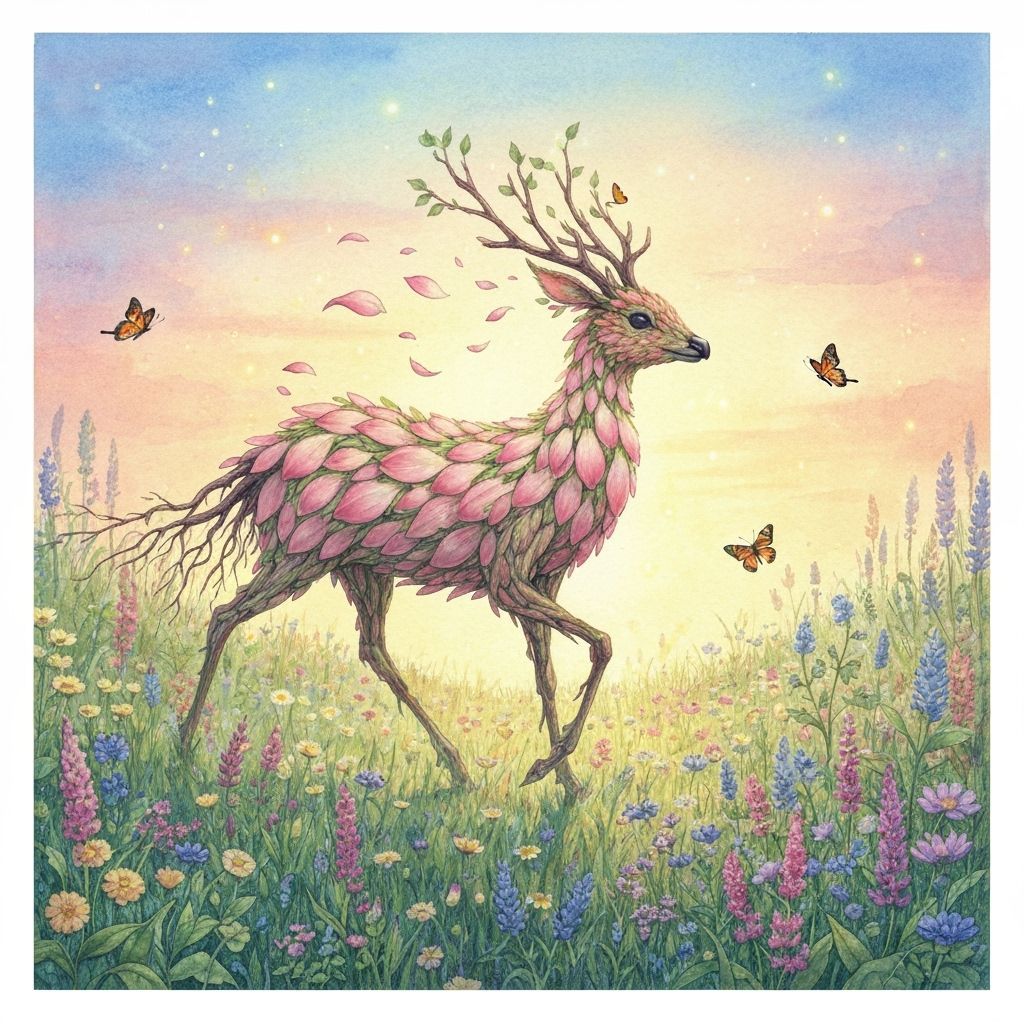 Floral Creature in Vibrant Meadow Watercolor