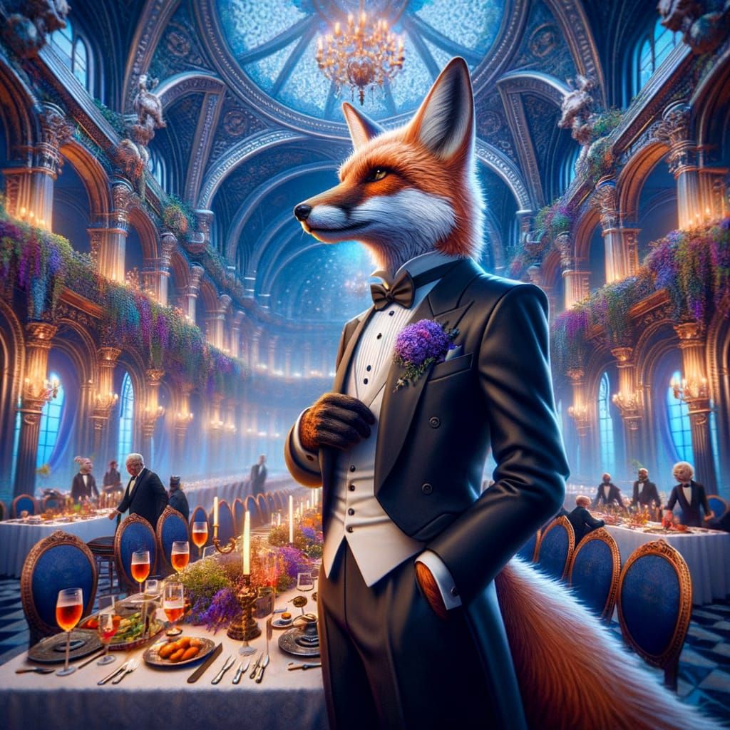 Anthropomorphic Fox in Tuxedo at Fantasy Dinner Party