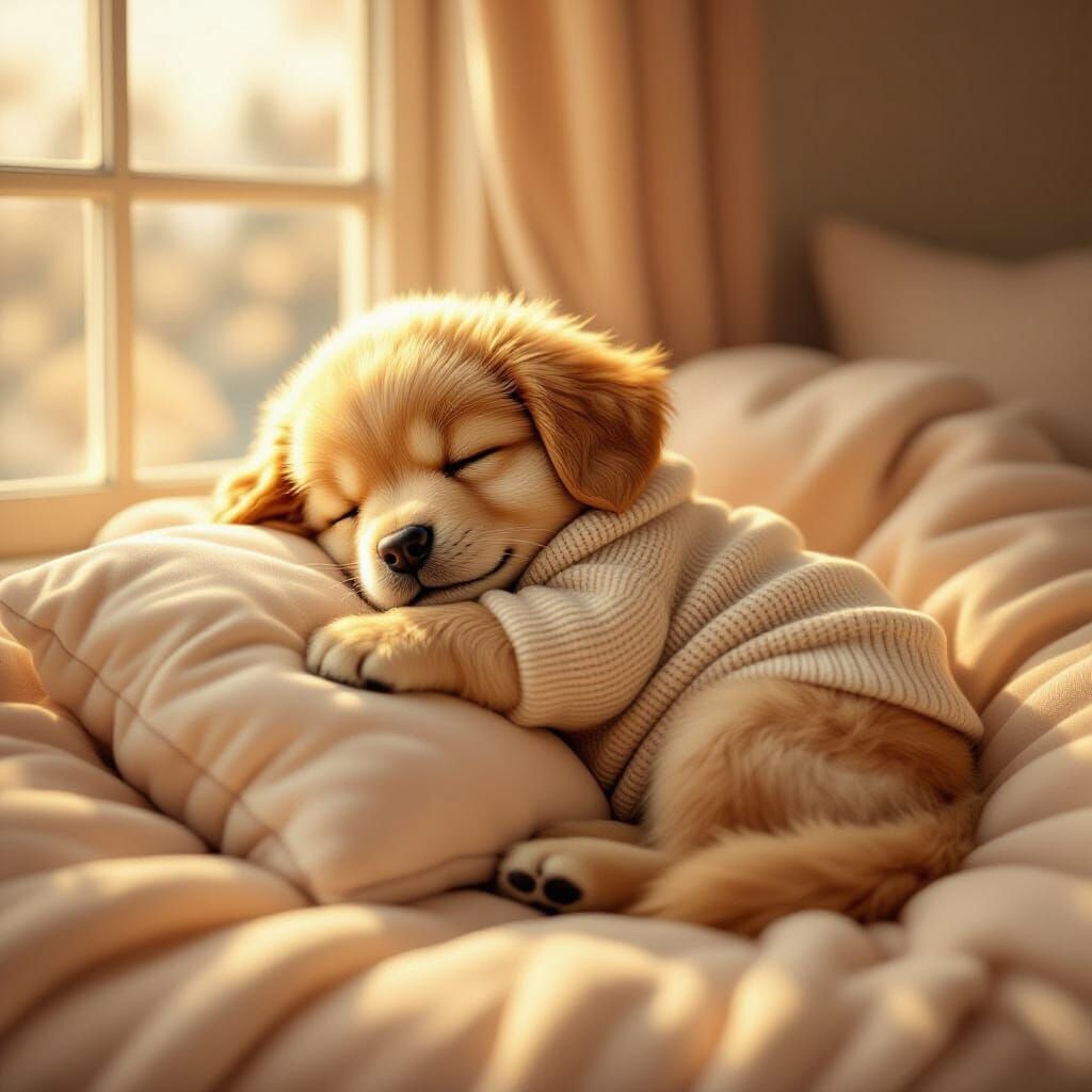 Cozy Golden Retriever Puppy Sleeping in Sweater, Pixar 3D St...