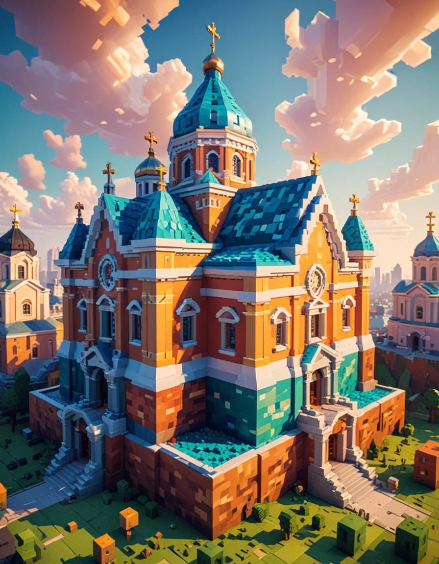 St. Andrew's Church in Kyiv made in the style of middle  Minecraft cubes