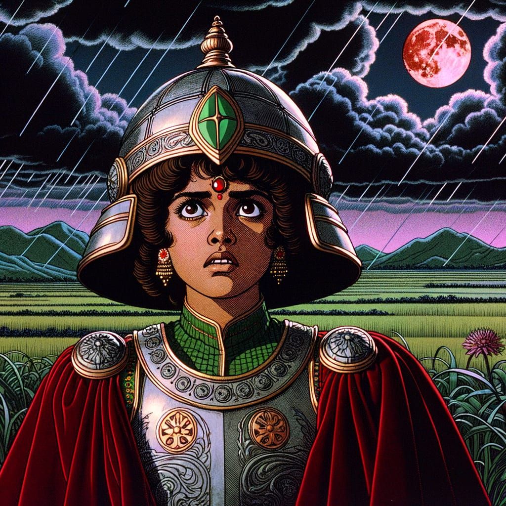 Armored South Asian Queen in Stormy Field Animation