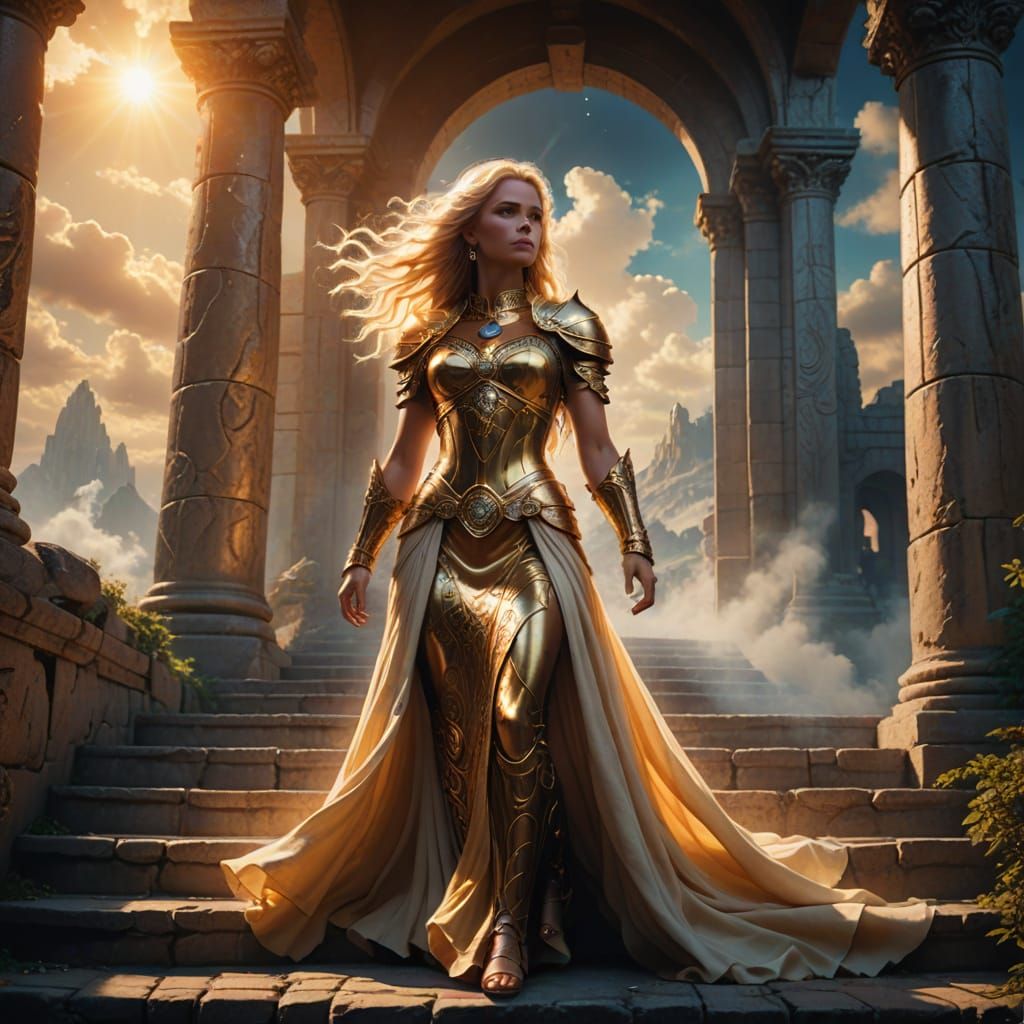 Regal Goddess in Golden Armor, Surrounded by Ethereal Clouds