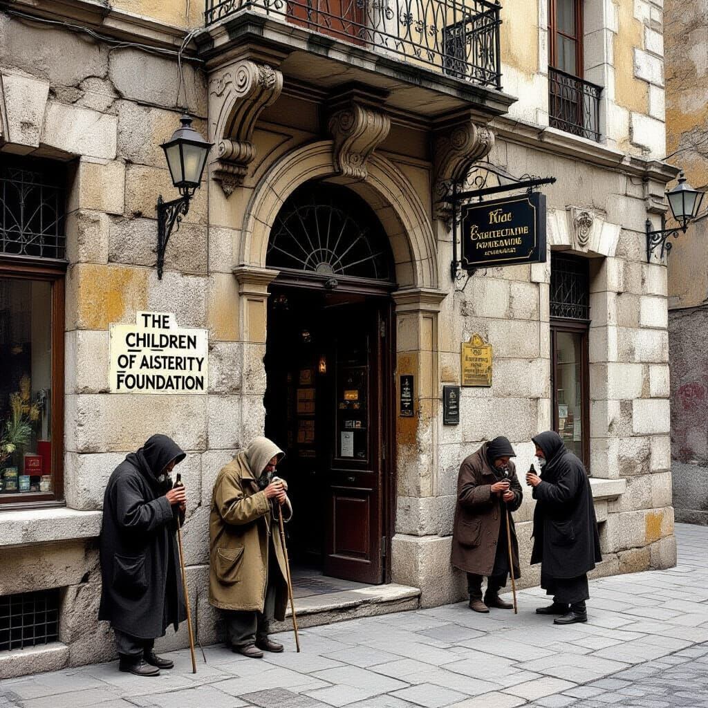 Dystopian Cityscape: Austerity's Children in Somber Tones