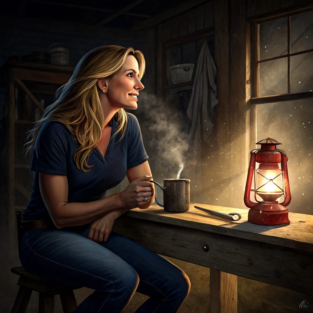 Blond Woman with Tea in Workshop at Night