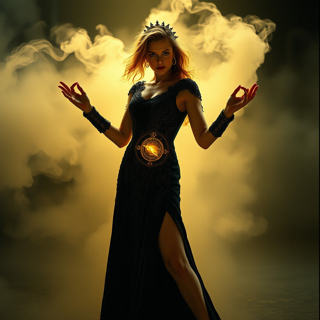 Fantasy Sorceress Casting Spell in Ethereal Mist