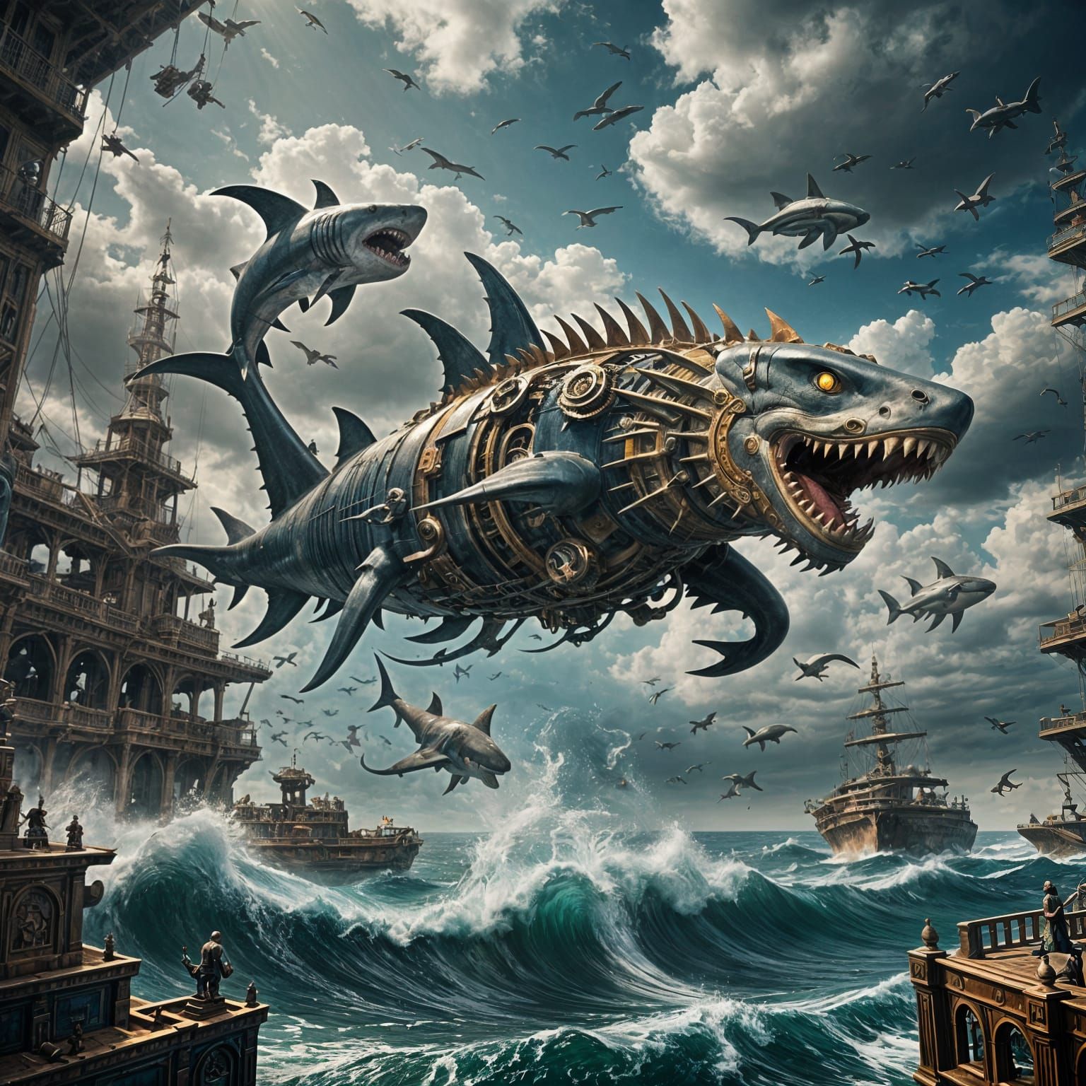 Mechanical Chimera Flying Over Shark Infested Sea