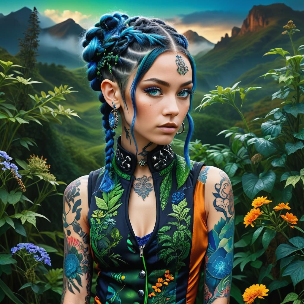 Surreal Punk Girl Portrait with Plant Tattoos