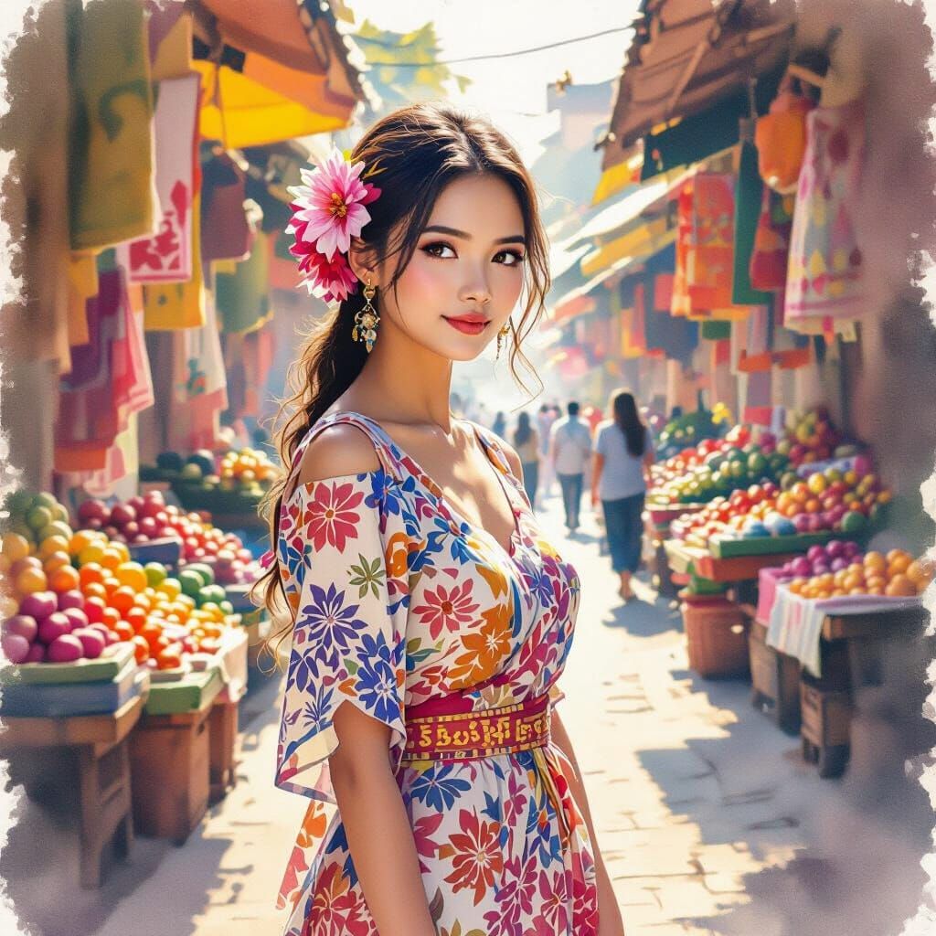 Indonesian Woman in Market, Watercolor Painting