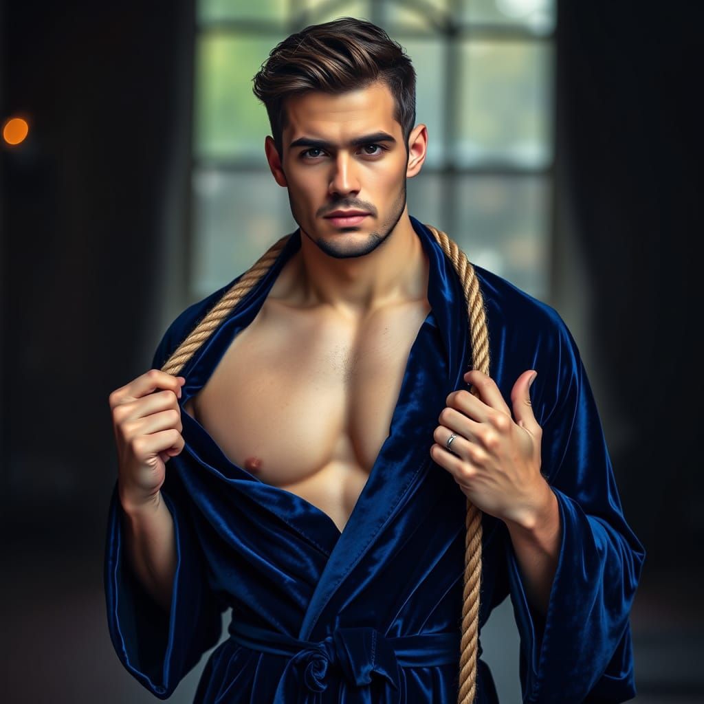 loosely tied midnight-blue velvet robe