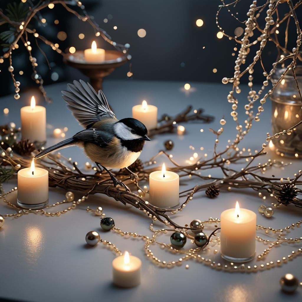 Chickadee with Pearls in Hyper-Detailed Night Scene