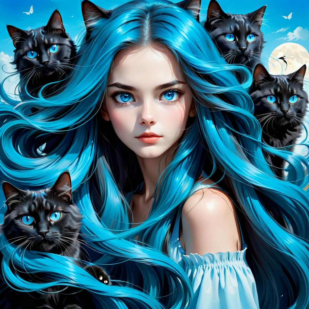 Beautiful Woman with Flowing Hair and Cat-Like Features