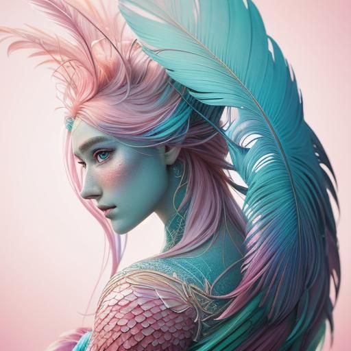Mermaid with Pink Peacock Feather Tail Splash Art