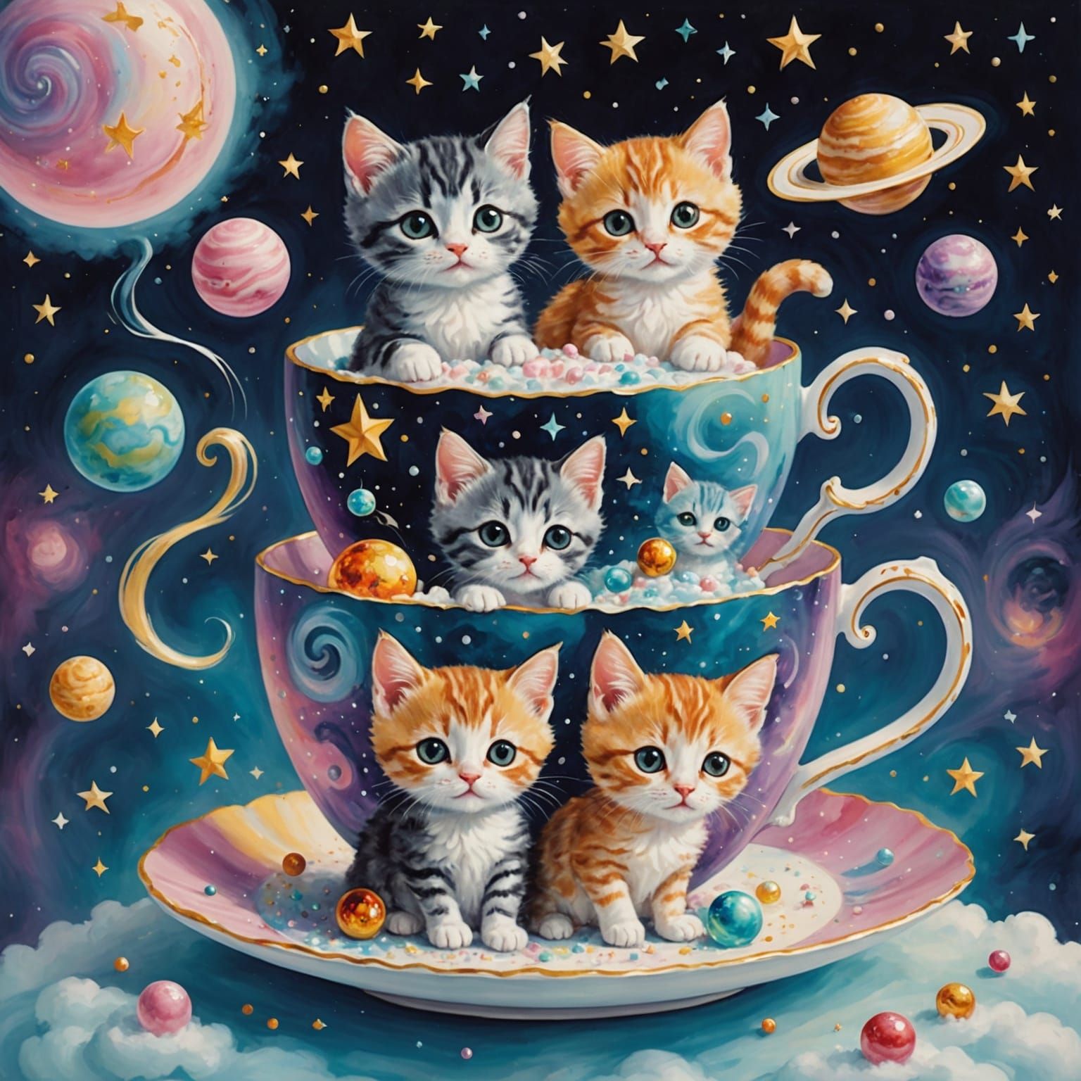 Kittens Play in Galaxy Teacup on Sugar Cloud