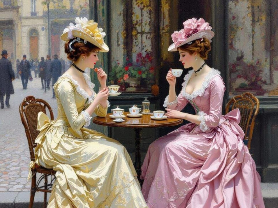 18th Century Cafe Scene in Pointillism Style