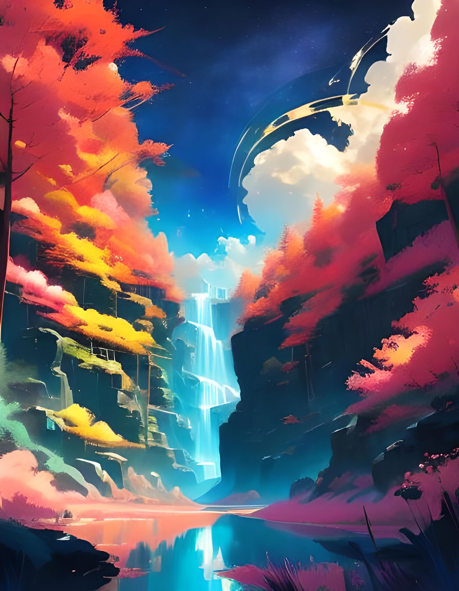 Golden Crystal Under Swirling Clouds: Cel-Shaded Art