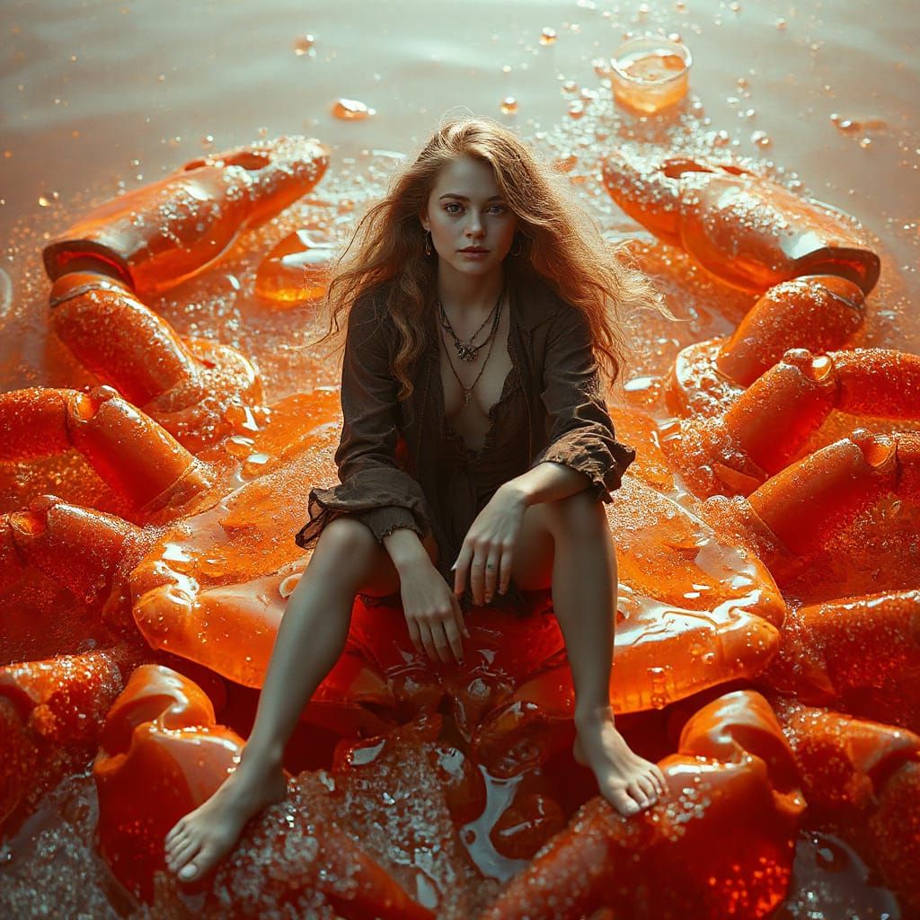 Golden-Haired Woman on Gummy Crab in Effervescent Soda Sea