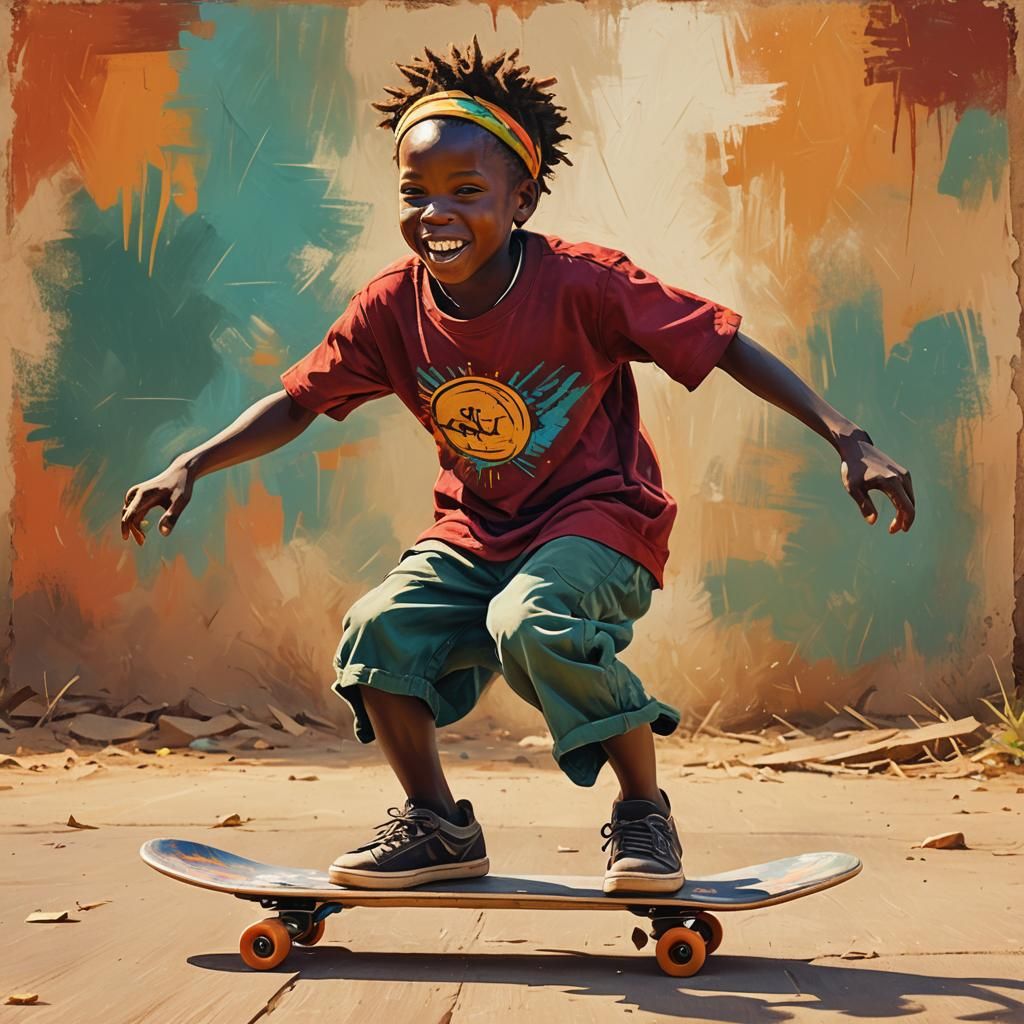 Joyful African Child Skateboarder in Sunny Savannah