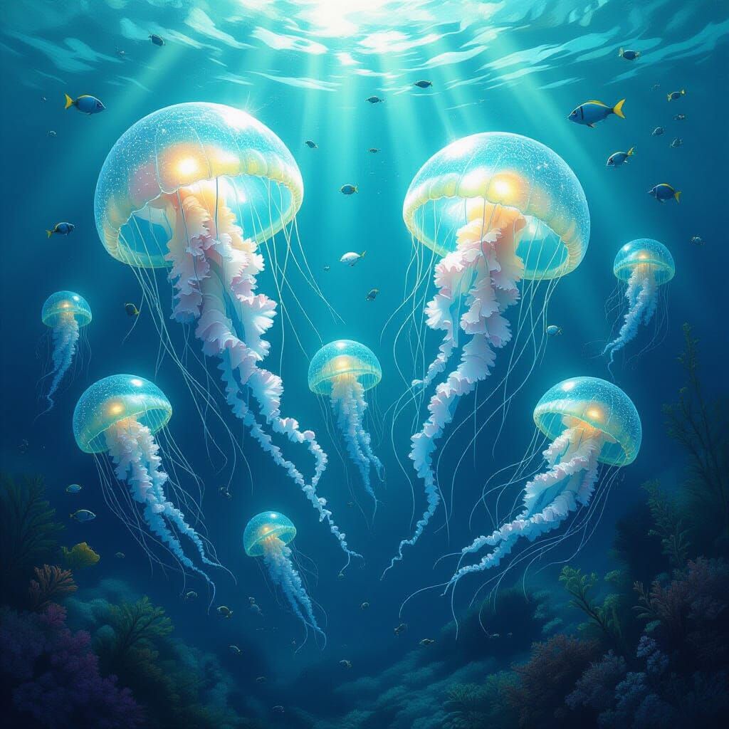 Luminous Jellyfish and Sea Fairies in Magical Seascape