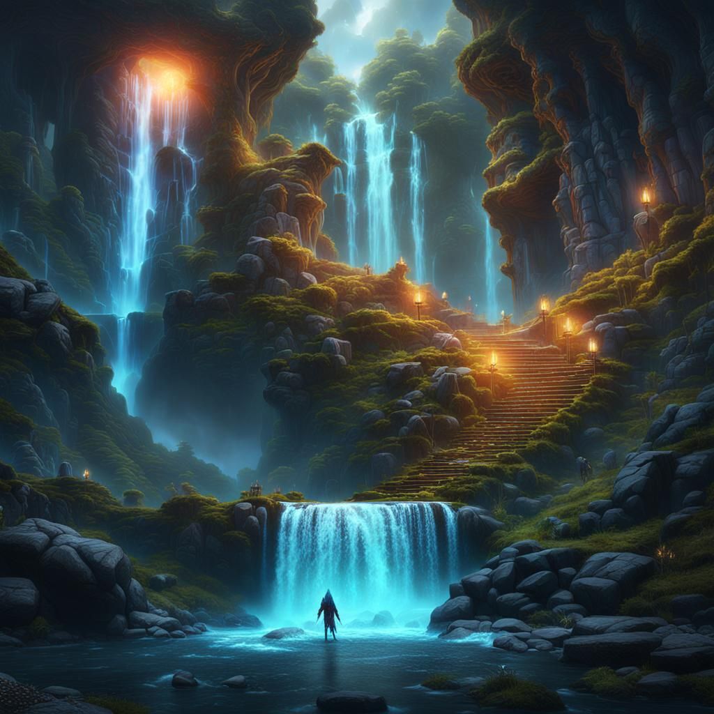 Glowing Angel of Light with Waterfalls