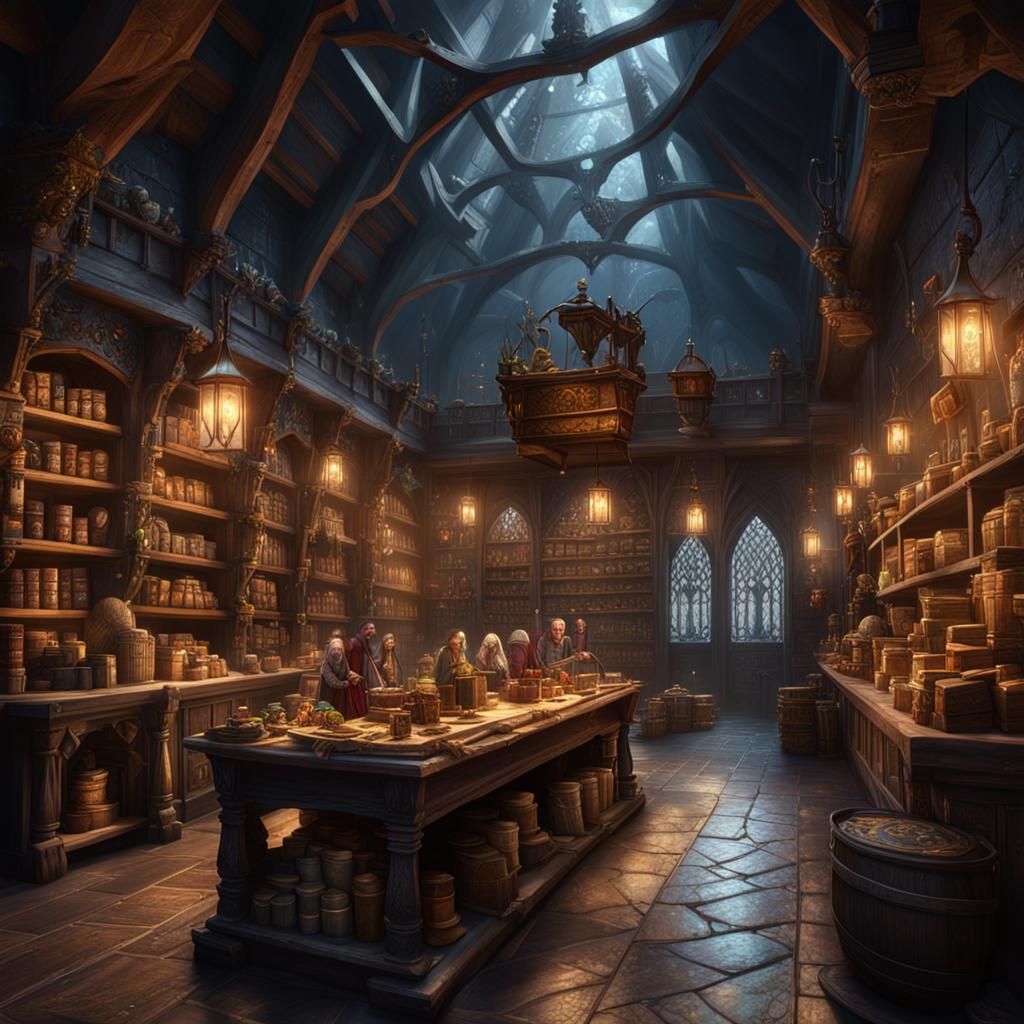 Inside a Medieval Magic Store in Matte Painting Style