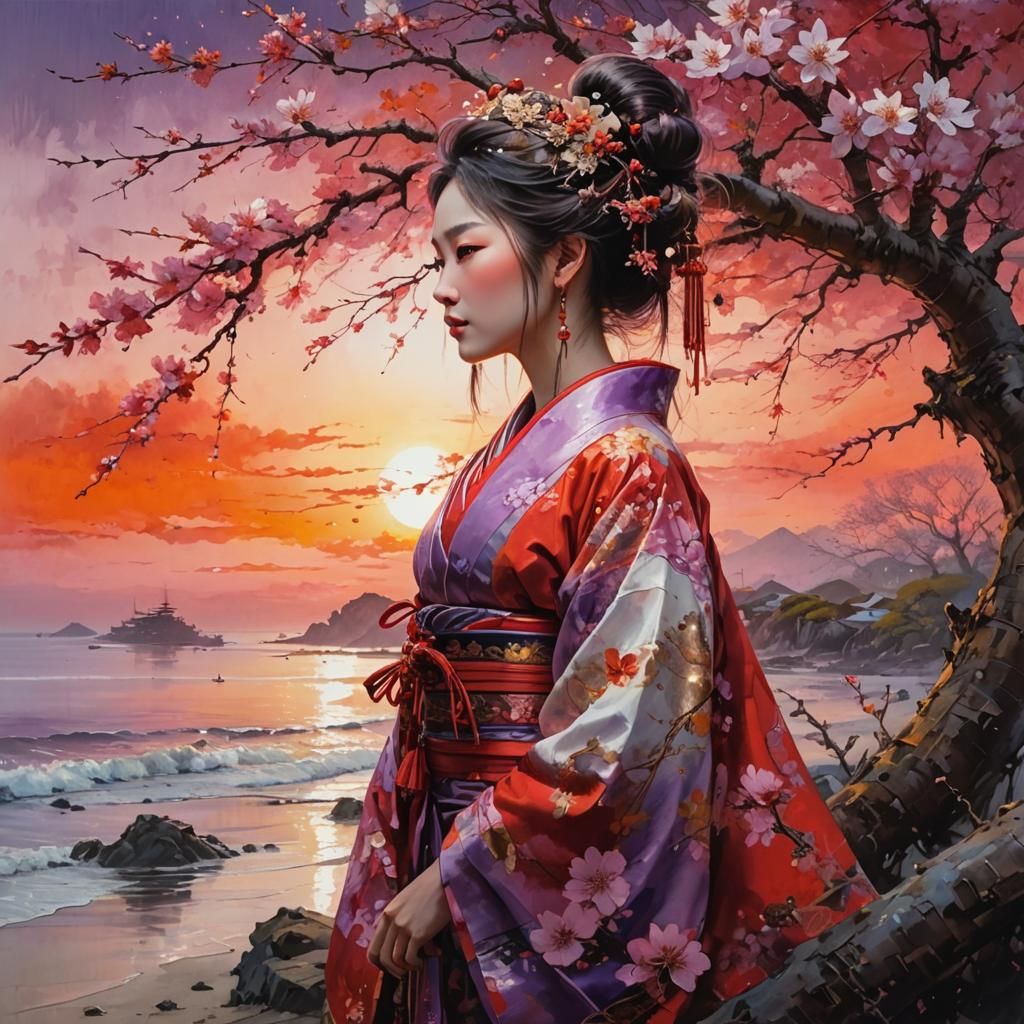 Japanese Princess in Kimono at Sunset: Dark Fantasy Art