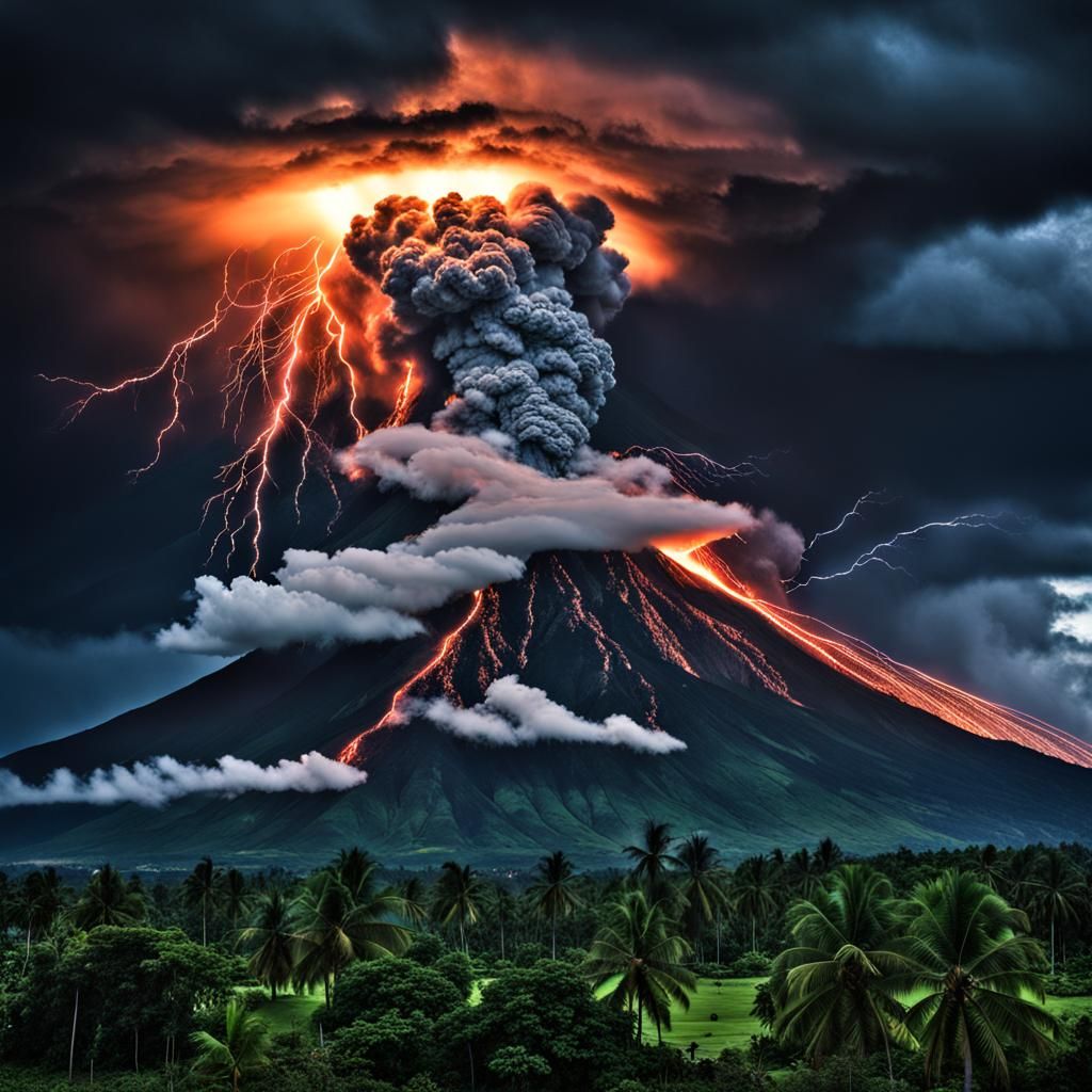Dramatic Mayon Volcano Eruption with Lightning
