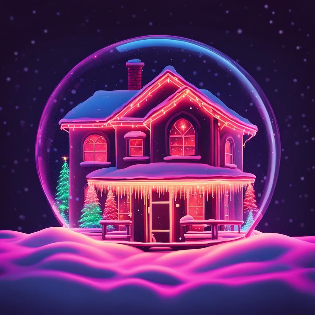 Christmas House in Snow Globe, Synthwave Neon